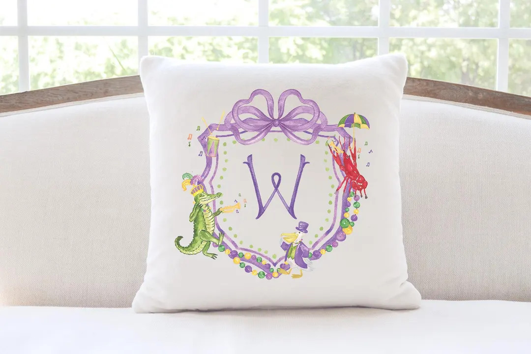 Personalized Mardi Gras Pillow, Nola Home Decor, 18"x18" Pillow Cover, Watercolor Carnival Monogr... | Etsy (US)
