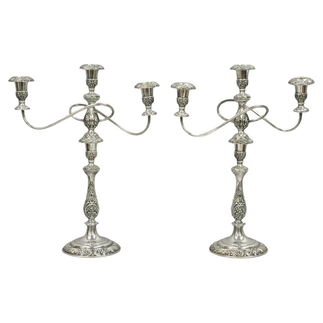 Heritage 1847 Rogers Bros 9416 Silver Plated 3 Arm Ornate Candelabra - a Pair | 1stDibs