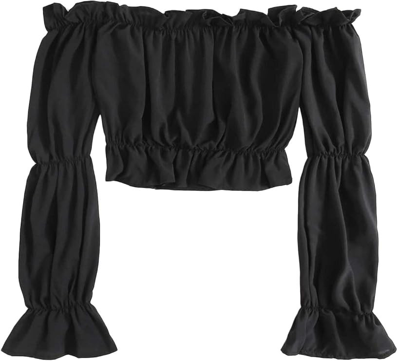 LYANER Women's Off Shoulder Ruffle Trim Puff Long Sleeve Tube Crop Blouse Shirt Top | Amazon (US)