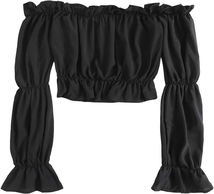 LYANER Women's Off Shoulder Ruffle Trim Puff Long Sleeve Tube Crop Blouse Shirt Top | Amazon (US)