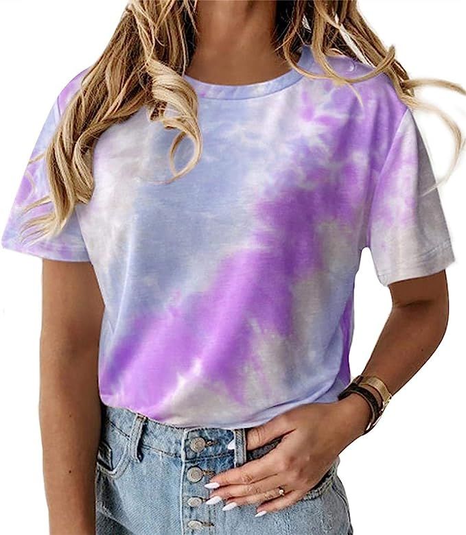 NANYUAYA Tie Dye Print Shirt Women Gradient Graphic Short Sleeve T-Shirt Summer O-Neck Casual Col... | Amazon (US)