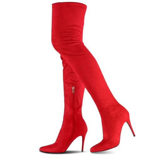 CAMSSOO Red Thigh High Boots Over The Knee Boots for Women Suede Stiletto High Heel Pointed Toe Size 8.5 Fashion Tall Boots Side Zip Women Red Knee High Heeled Boots | Amazon (US)