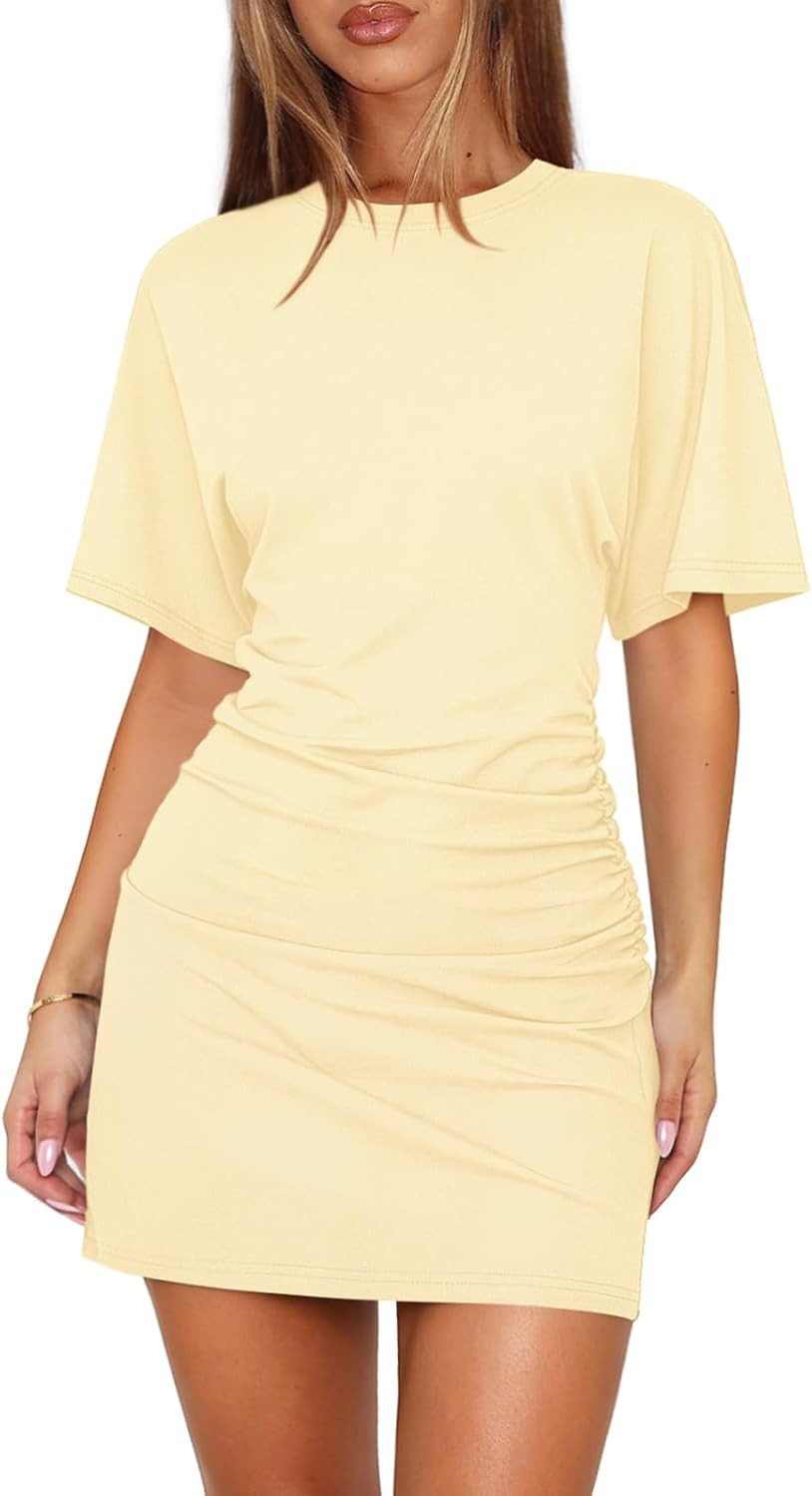 Womens Summer Casual T Shirt Dresses for Women Batwing Cinched Waist Dress Short Sleeve Ruched Bodycon Mini Dress | Amazon (US)