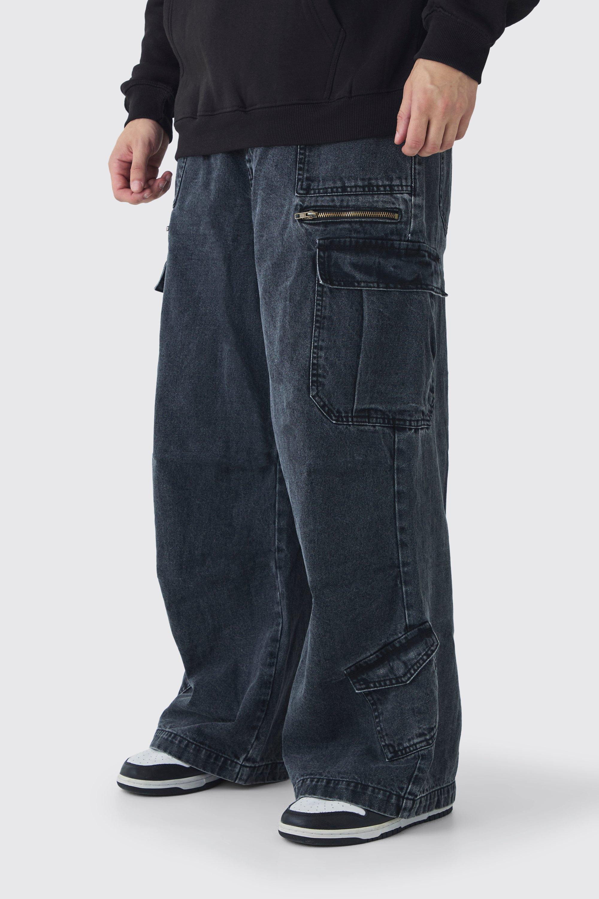 Tall Elasticated Waist Acid Wash Parachute Cargo Jeans | boohooMAN (US & Canada)