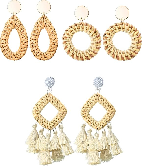 3 Pairs Rattan Earrings Handmade Woven Tassel Earrings Geometric Rattan Drop Dangle Earrings for ... | Amazon (US)