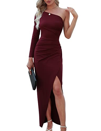 Sarin Mathews Womens One Shoulder Long Sleeve Cocktail Dresses Sexy Bodycon Ruched Wrap Split Party Formal Long Dress Burgundy M | Amazon (US)