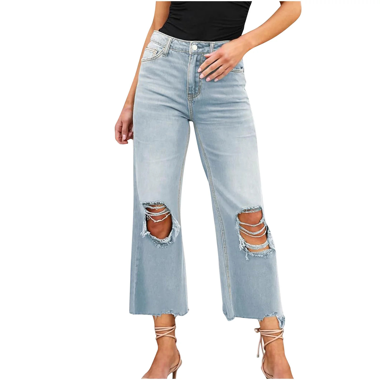 Ladies Ripped Jeans High Waist Pockets Raw Hem Casual Y2k Wide Leg Distressed Denim Cropped Pants... | Walmart (US)