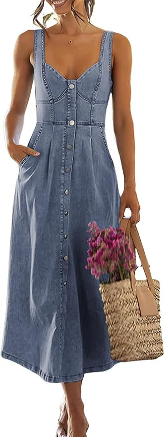 ebossy Stretchy Smocked Denim Dress for Women Sleeveless Babydoll Button Down Midi Long Jean Dres... | Amazon (US)