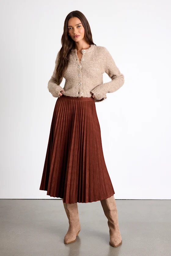 Raylie Rust Brown Suede Pleated Midi Skirt | Lulus