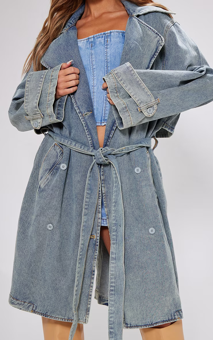 Petite Indigo Vintage Wash Oversized Denim Trench Coat | PrettyLittleThing US