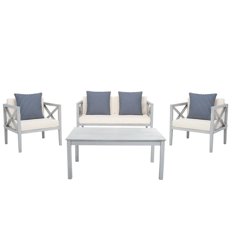 Safavieh  Outdoor Montez 4-Piece Conversation Patio Set with Accent Pillows Grey/Beige/NavyWhite | Walmart (US)