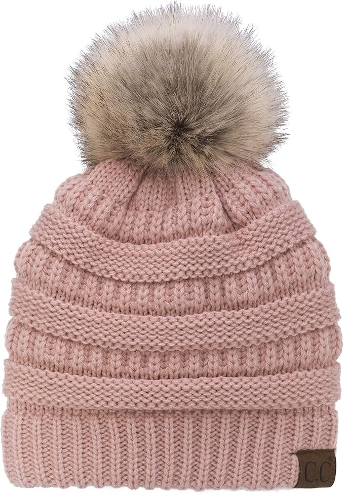 C.C Trendy Fuzzy Sherpa Fleece Lined Warm Soft Stretch Cable Knit Ribbed Faux Fur Pom Pom Skull C... | Amazon (US)