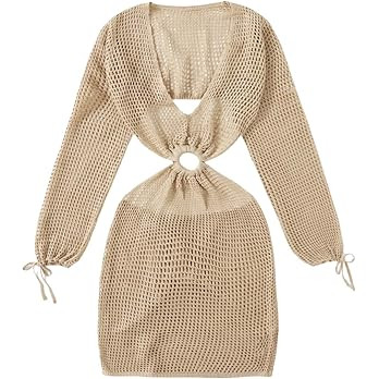 MakeMeChic Women's Long Sleeve Deep V Neck Hollow Out Knitted Cover Up Beach Dress Swimwear A Cof... | Amazon (US)