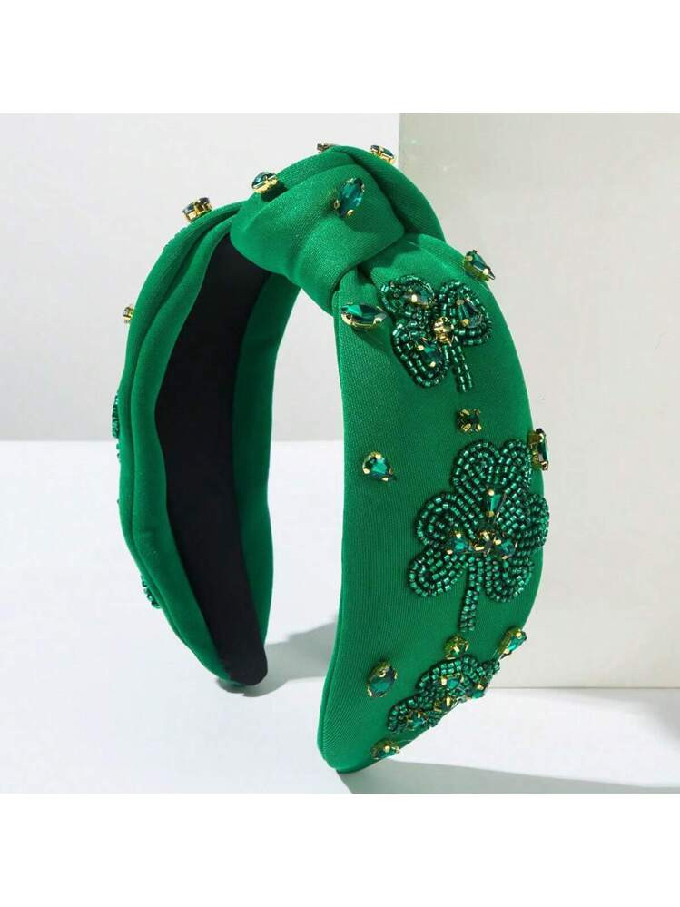 1pc St. Patrick's Day Rhinestone Green Headband, Fashion Handmade Seed Bead Clover Headband For I... | SHEIN
