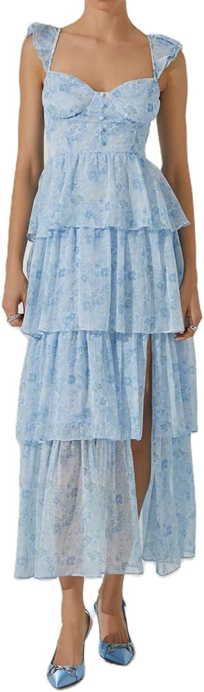 Women Tie Shoulder Boho Floral Maxi Dress Y2k Spaghetti Strap Flowy Long Dresses Summer Tiered Be... | Amazon (US)