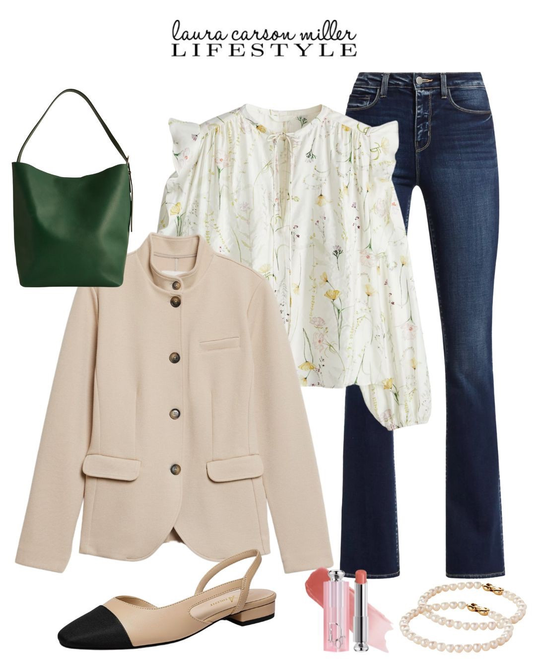 A pair of darker jeans in a high rise style with a pretty blouse and a nice jacket is the way to go for more casual days in the office. This outfit truly works for whatever is on your schedule, lunch with a friend, client meeting, errands, dog walk, school play, date night, vacation, plane or train travel and on and on. 
Laura Carson Miller, floral blouse, slingbacks, Dior, dark jeans 

#LTKItBag #LTKStyleTip #LTKShoeCrush