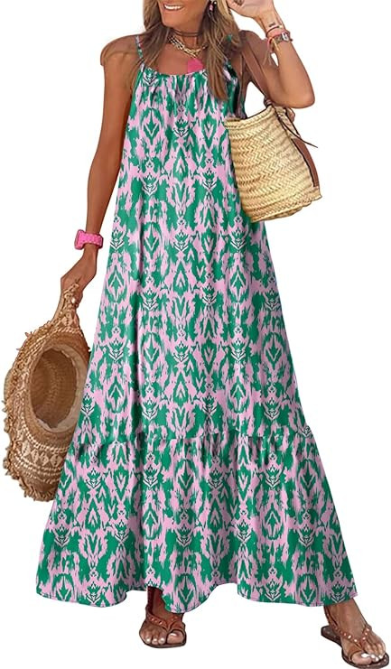 Dokotoo Women Summer Dresses 2026 Spaghetti Strap Scoop Neck Smocked Ruffle Flowy Boho Maxi Dress | Amazon (US)