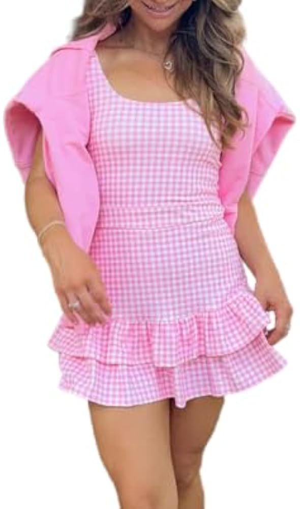Summer Gingham Mini Dress for Women Y2k Plaid Spaghetti Strap Babydoll Dress Cute Sleeveless V Ne... | Amazon (US)