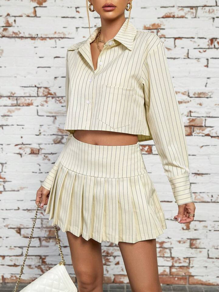SHEIN Essnce Women's Striped Turn-Down Collar Long Sleeve Top & Pleated High-Waisted Skirt Set | SHEIN