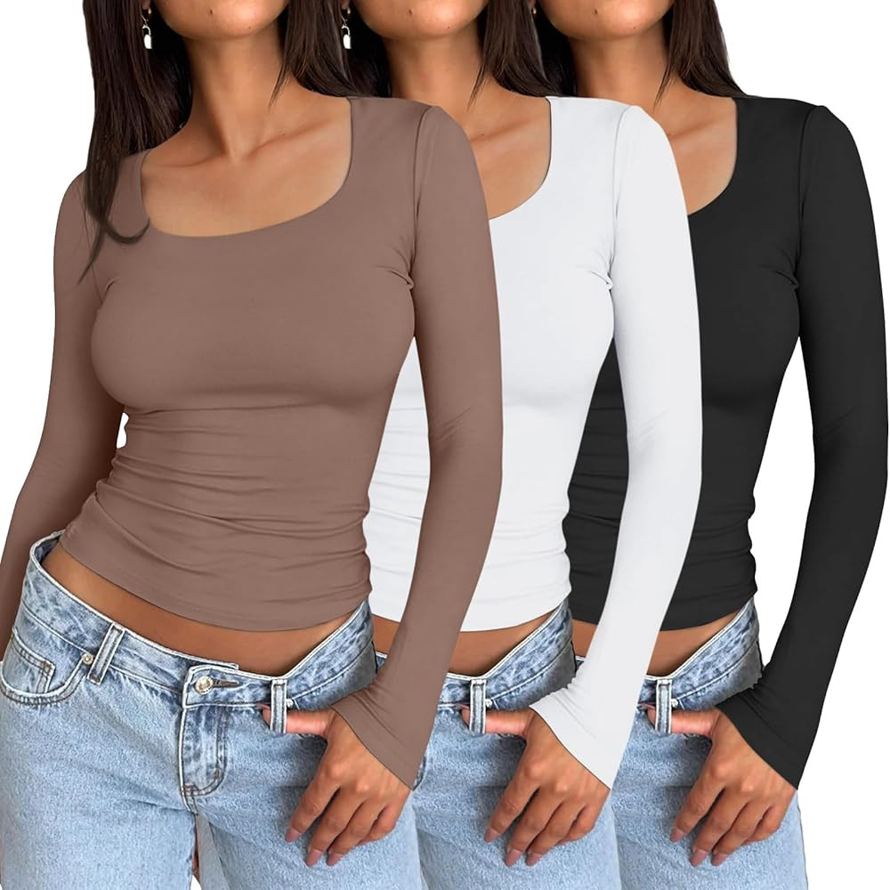 AUTOMET 3 Pack Womens Long Sleeve Shirts Fall Fashion Crop Tops Basic Layer Slim Fit Y2K Clothes | Amazon (US)