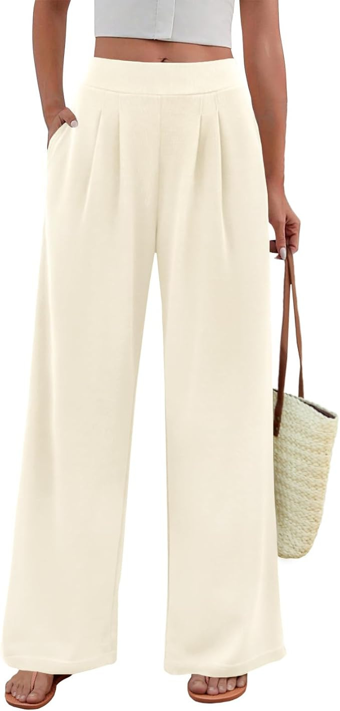 FireSwan Women's Wide Leg Pants Elastic High Waist Casual Palazzo Pants Trousers with Pockets | Amazon (US)