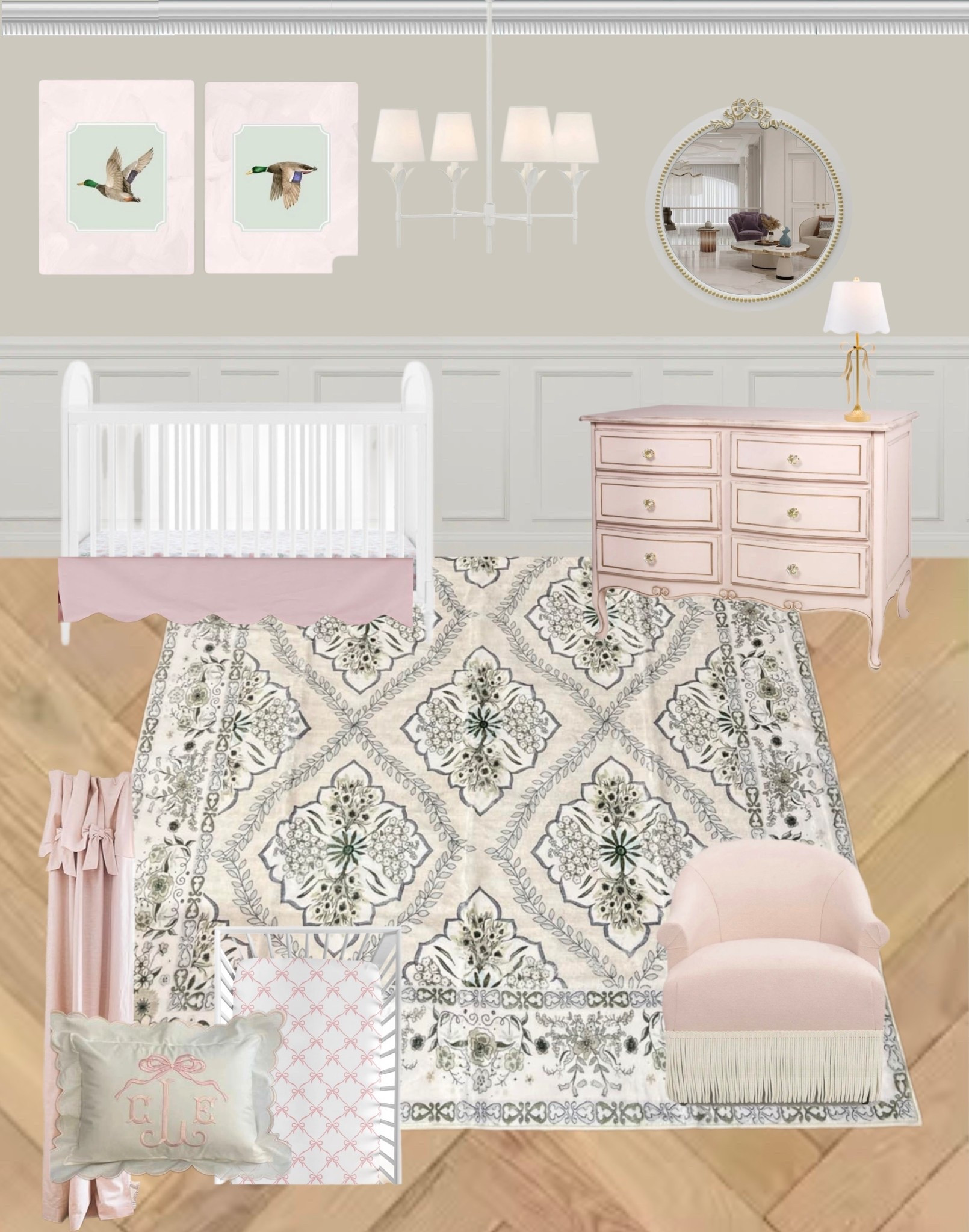 Girl nursery
Pink and green nursery 
Amazon nursery 
Pink dresser
Duck wall art
Green rug
White crib
Crib skirt scalloped 
Pink bow crib sheets

#LTKHome #LTKSaleAlert #LTKBaby