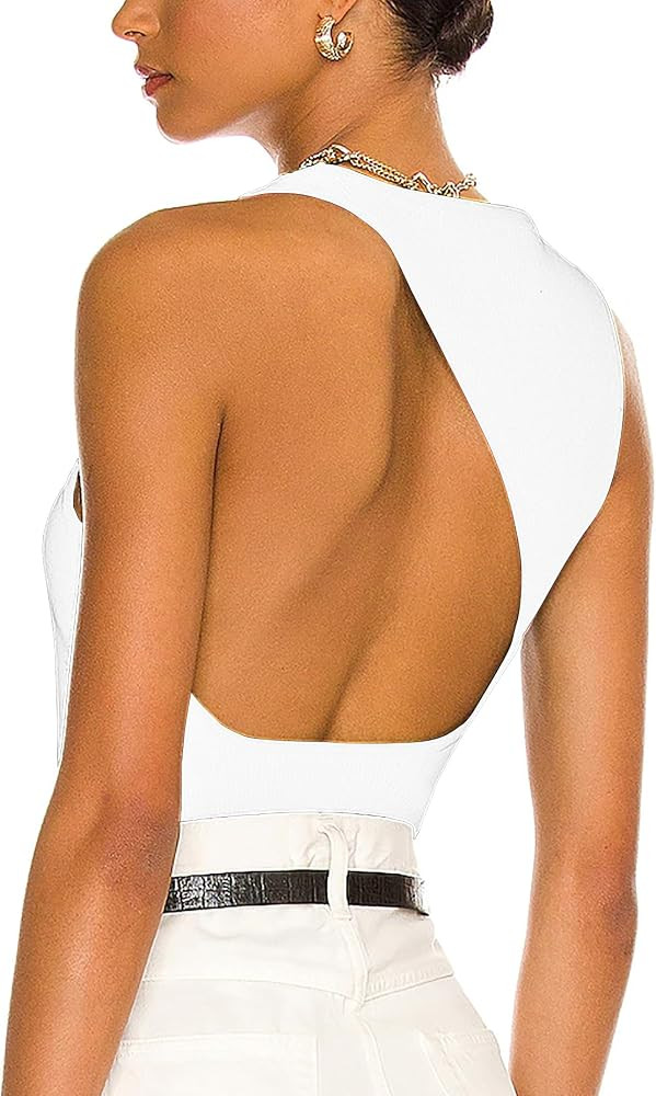 Women's Open Back Sleeveless Crew Neck Rib Knit Cut Out Backless Tank Top | Amazon (US)