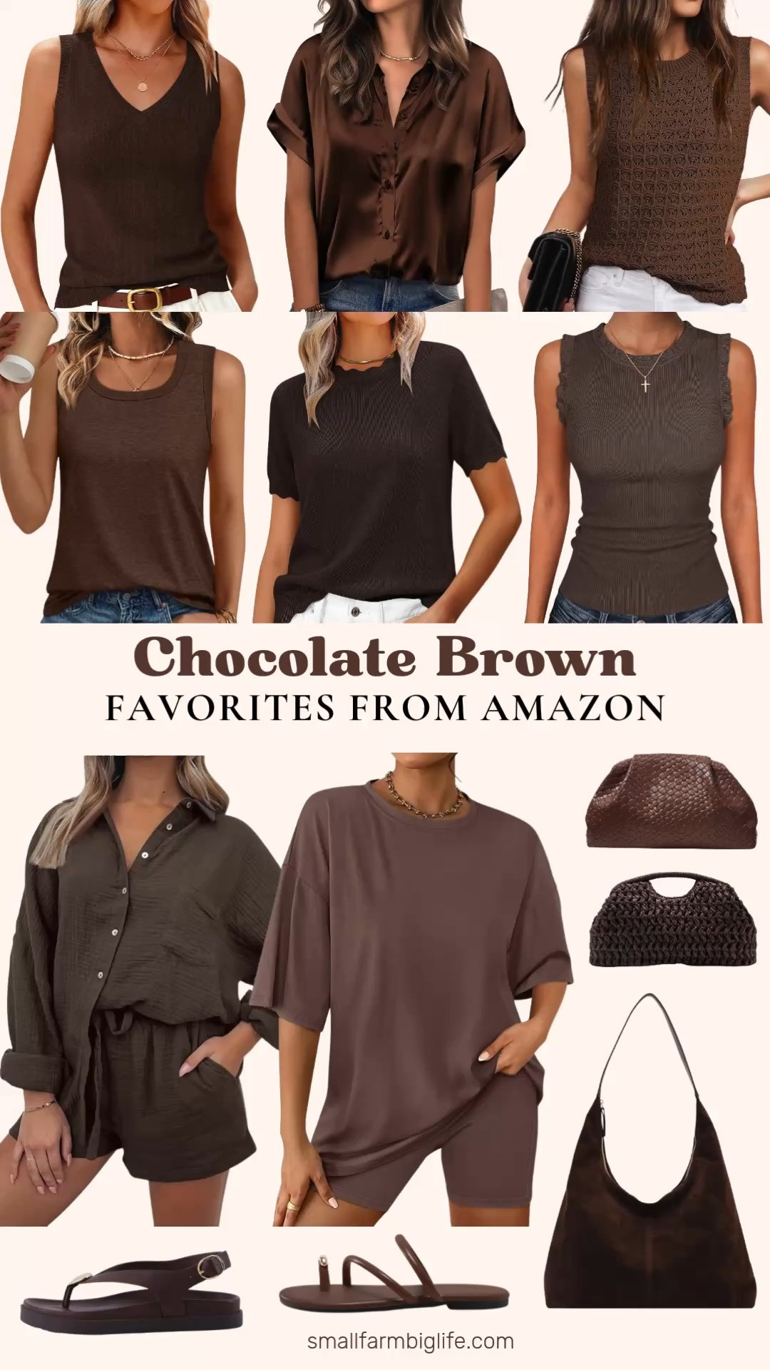 Chocolate brown is one of my favorite neutral colors and it is showing up everywhere on Amazon. I rounded up tops, bags, and shoes all in this rich warm tone including a satin button down blouse, a crochet sleeveless sweater, a square neck tank, and two adorable matching loungewear sets perfect for cozy days at home. The straw and faux leather dumpling clutch purses are such a fun and trendy bag shape right now and the suede tote is a beautiful everyday option. Finish the look with the strappy flat sandals or the sling back thong sandal for an easy and elevated outfit. Tap to shop! 

 #LTKgrwm #LTKootd #LTKOver40