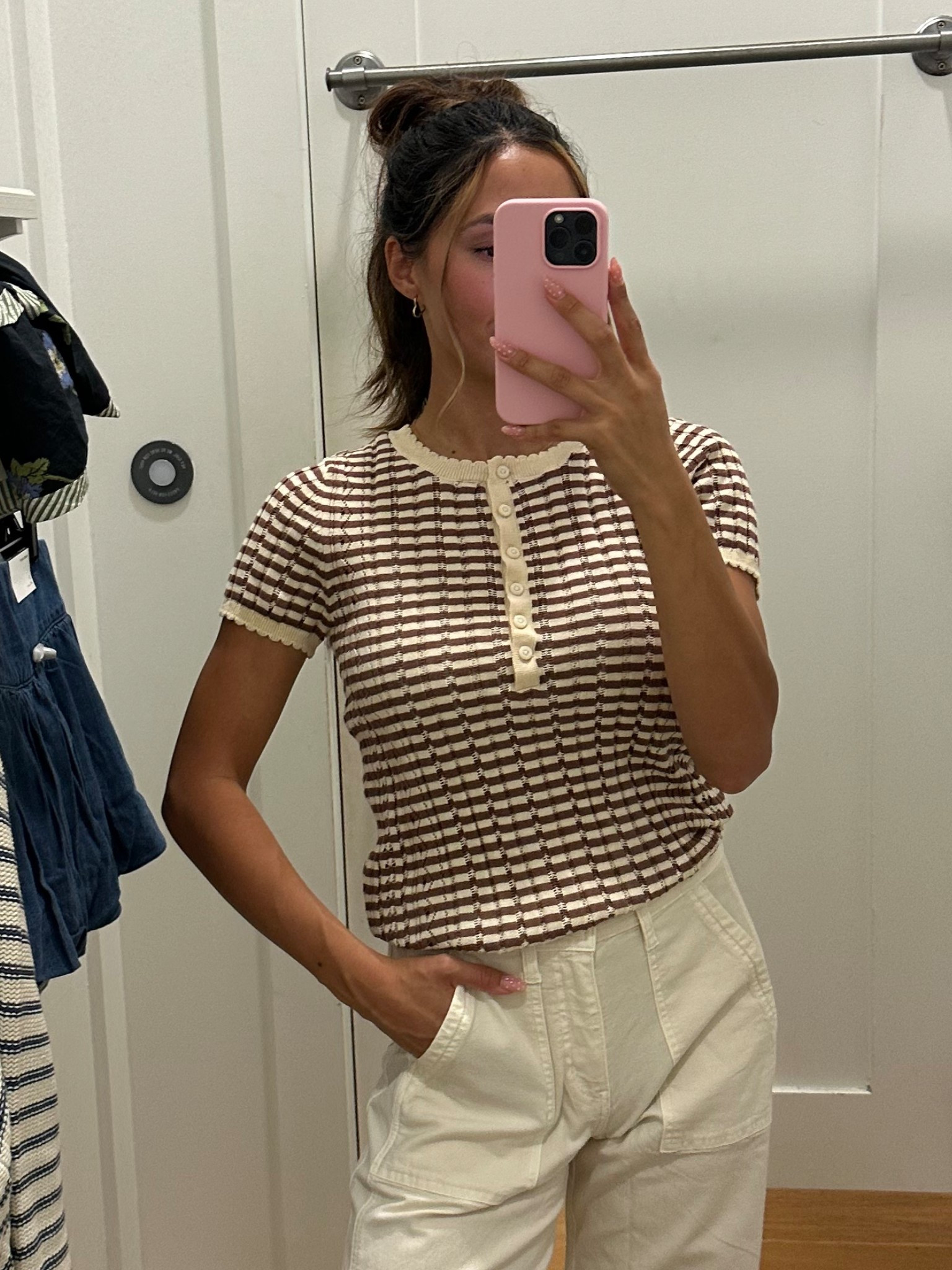 Fall inspired pointelle striped top! Wearing a small but I could’ve gone with an extra small! If you wanted it to fit snug to your body, go down one size

Fall outfit inspo, American eagle, mom outfit 

#LTKStyleTip #LTKFindsUnder50 #LTKSeasonal