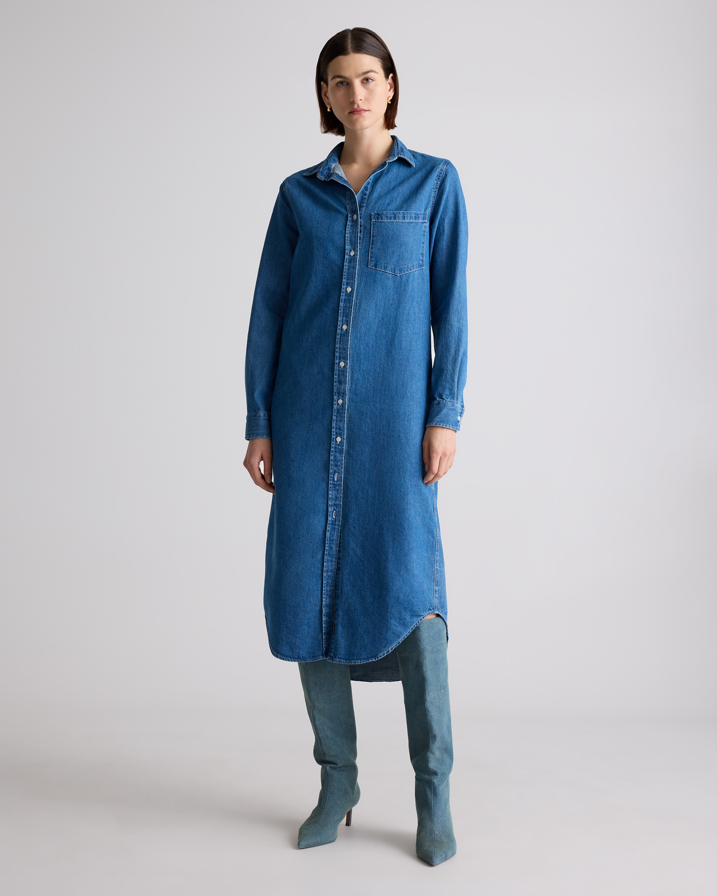 Quince | Women's Distressed Denim Maxi Shirt Dress in Medium Indigo, Size XS, Cotton | Quince
