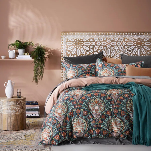 Meenakshi Turquoise Reversible Floral 100% Egyptian-Quality Cotton Duvet Cover Set | Wayfair Professional