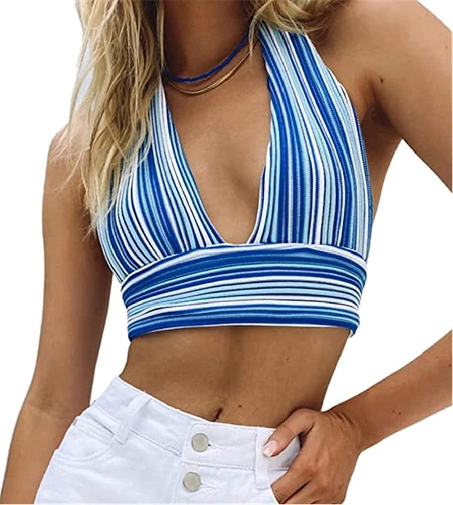 Auriviz Women's Y2K Sexy Deep V Neck Striped Knit Halter Crop Tank Tie Back Sleeveless Summer Ban... | Amazon (US)
