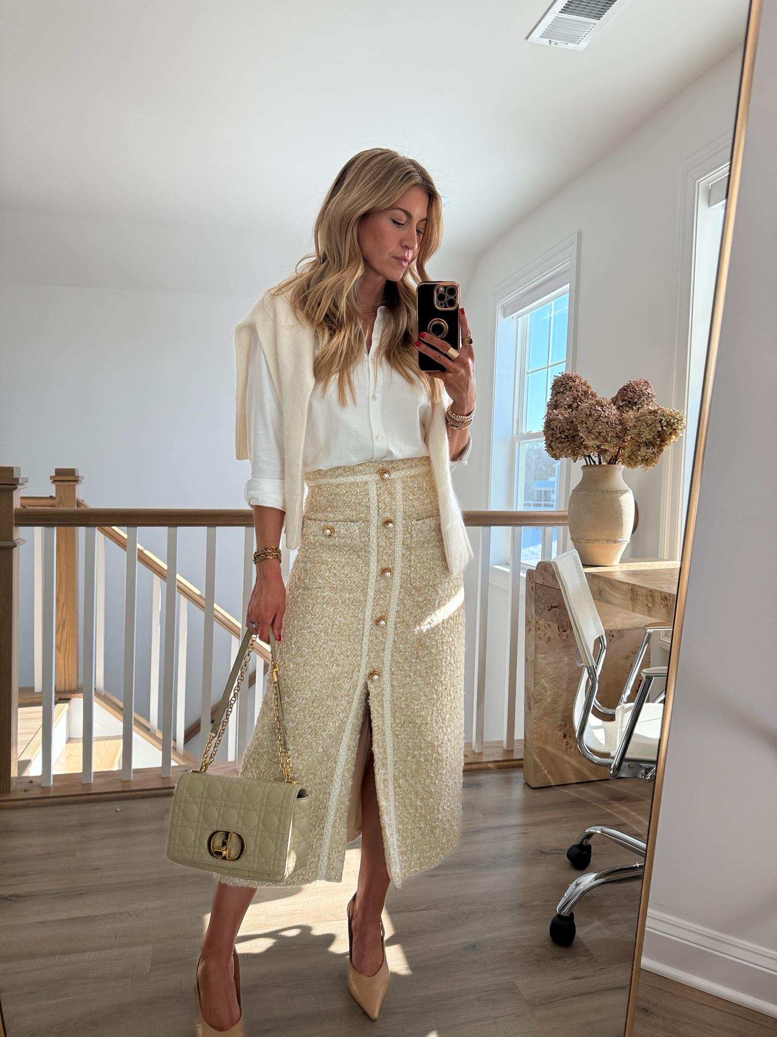 Cream and gold outfit for church today. 
My skirt is sold out but I linked similar. Blouse runs TTS, wearing a 36

#LTKSeasonal #LTKBeauty #LTKStyleTip