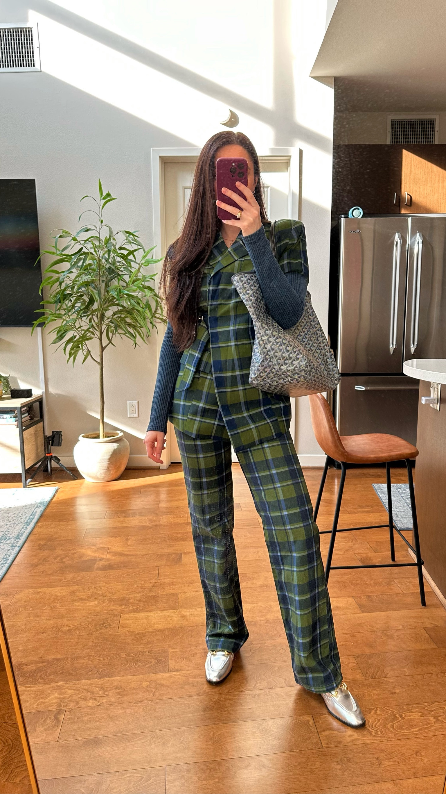Checkered pant suit 26R S
Grey Goyard St. Louis Tote 
Silver loafers 7.5

#LTKItBag #LTKShoeCrush #LTKFindsUnder50