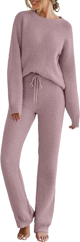MEROKEETY Womens Fuzzy Fleece Long Sleeve 2 Piece Loungewear Outfits Sweater Pants Pajama Sets | Amazon (US)