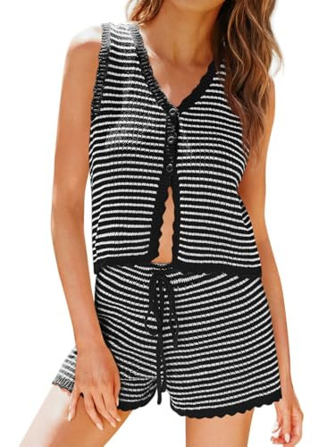 Tankaneo Womens 2 Piece Shorts Set Striped Summer Vacation Outfits Button Down Knit Vests Tops Casual Beach Matching Sets | Amazon (US)