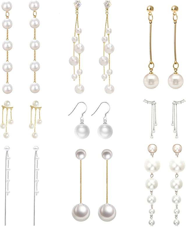 SAMOCO 9 Pairs Big Simulated Pearl Long Tassel Drop Earrings for Women Double Sided Front Back Pearl | Amazon (US)