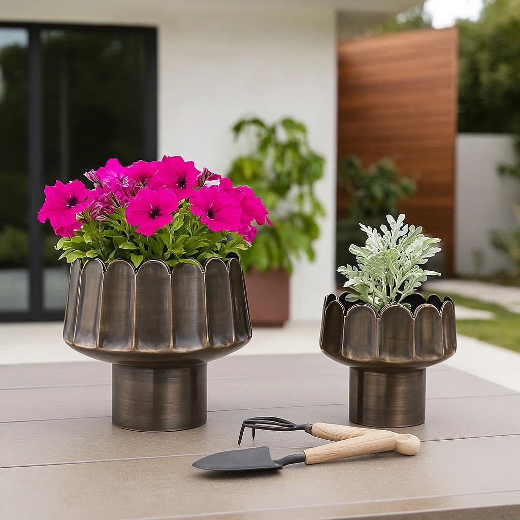 Aedin Planter Set Metal Scalloped Edge Design Home And Garden Decor Set Of 2 - 11", 8" Gold (Set ... | Wayfair North America