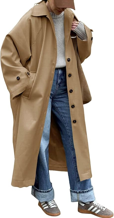 Tankaneo Womens Long Trench Coat Single Breasted Oversized Windproof Classic Lapel Fall Overcoat | Amazon (US)