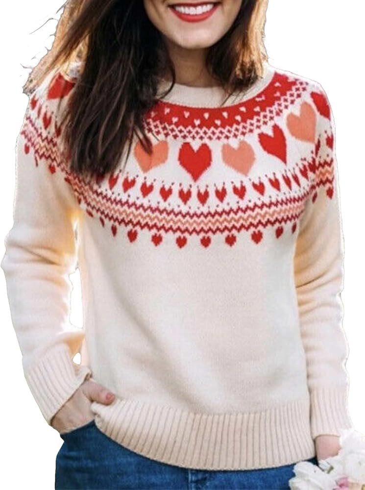 Women's Fair Isle Sweater Casual Long Sleeve Crewneck Cute Heart Knit Pullover Sweaters | Amazon (US)
