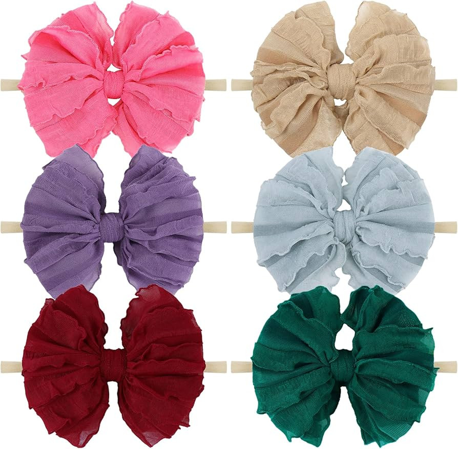 YanJie Baby Girls Headbands Soft Lace Newborn Bows Nylon Elastics Ruffled Baby Girl Bows Handmade... | Amazon (US)