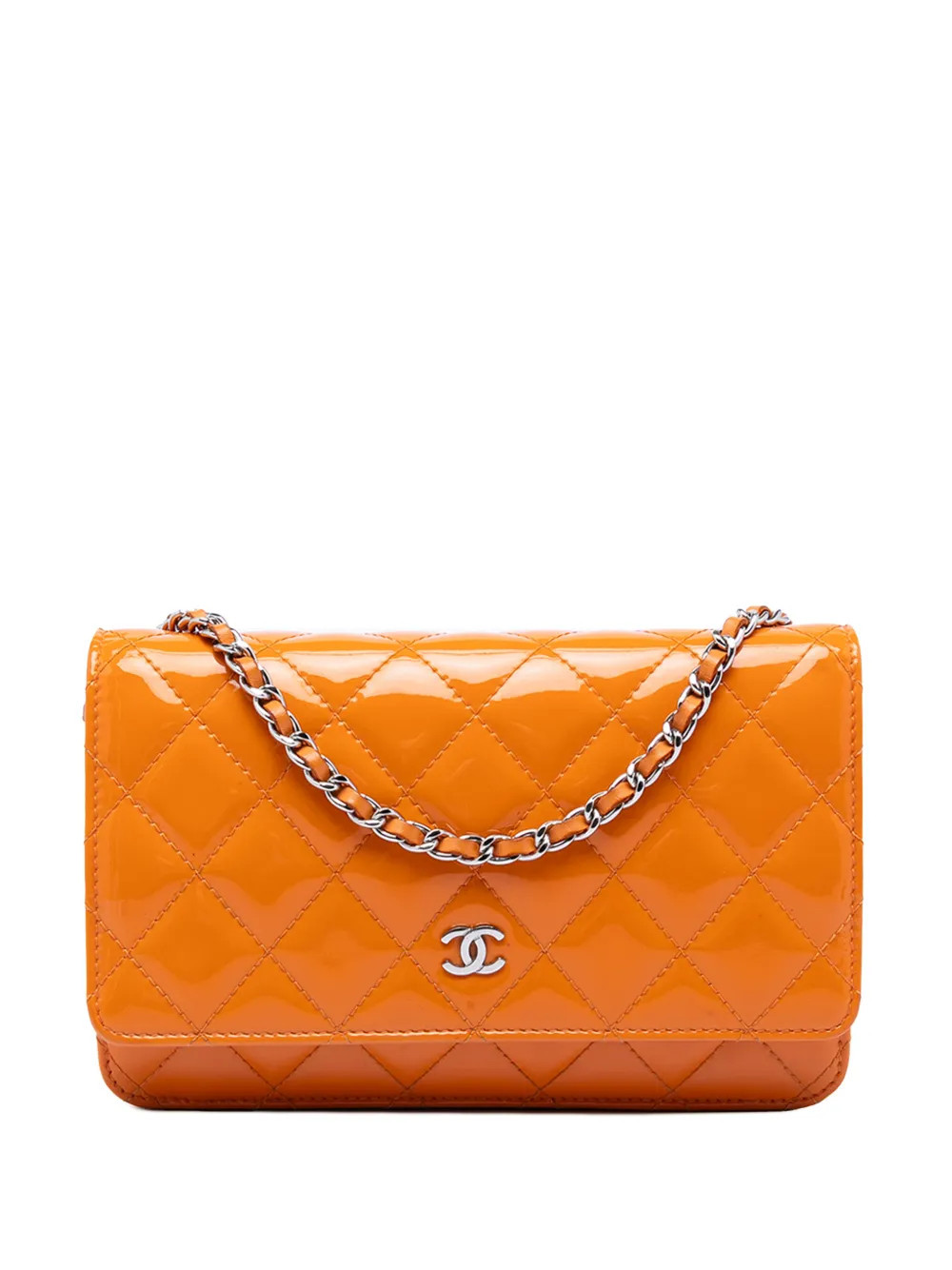 CHANEL Pre-Owned 2014-2015 CC Quilted Patent Wallet on Chain crossbody bag - Orange | Farfetch Global