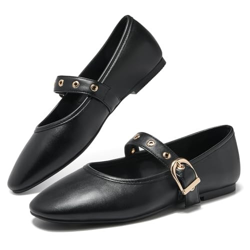 CouieCuies Women's Mary Jane Flats Round Toe Ballet Flat with Buckle Maryjane Black Flat for Women Comfort Dressy Shoes Strap Work 6.5 | Amazon (US)