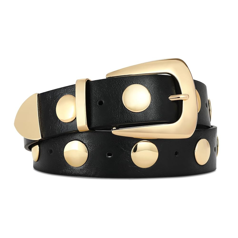 Women Black Belt with Gold Buckle Fashion Leather Belt Women Punk Waist Belt Studded Belt for Jea... | Amazon (US)