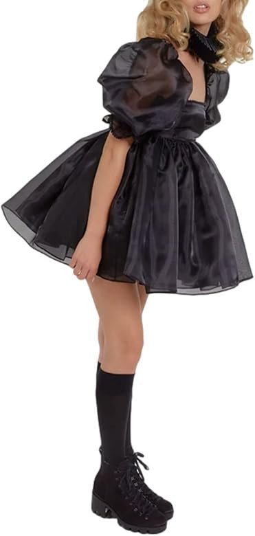 Women Puff Sleeve Tulle Princess Dress Square Neck Bubble Sleeve Mini Dress Mesh Ruffle Party Prom D | Amazon (US)