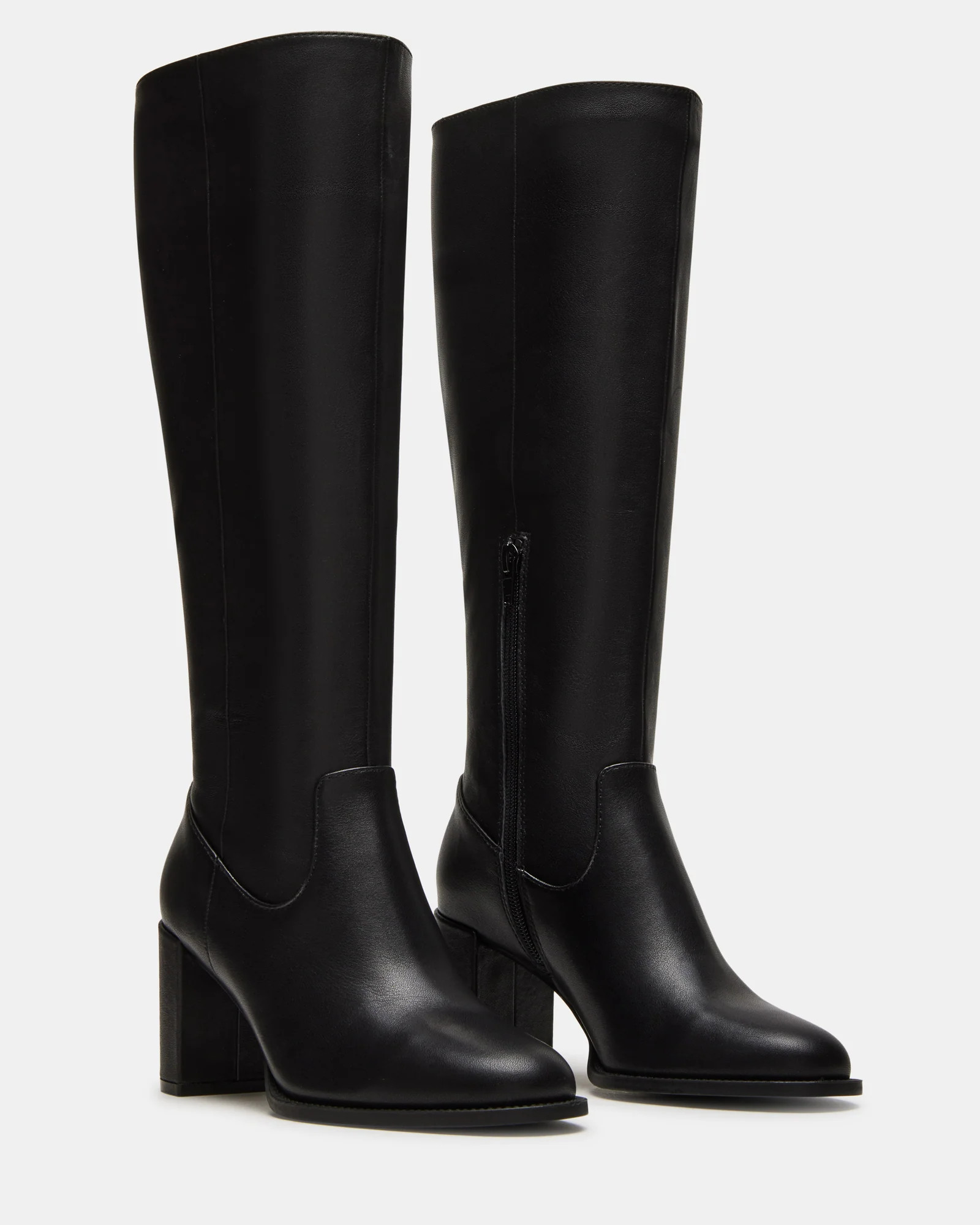 JOVANA Black Leather Knee-High Block Heel Boot | Women's Boots | Steve Madden (US)