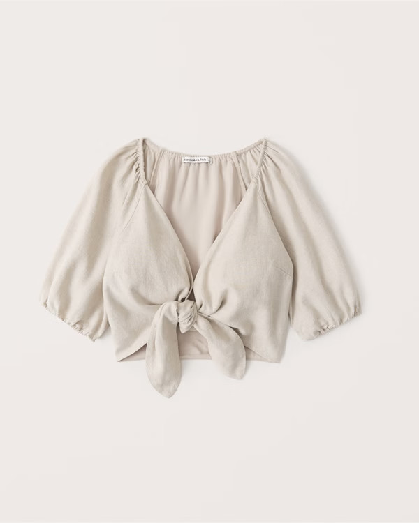 Cropped Tie-Front Linen Blend Top | Abercrombie & Fitch (US)