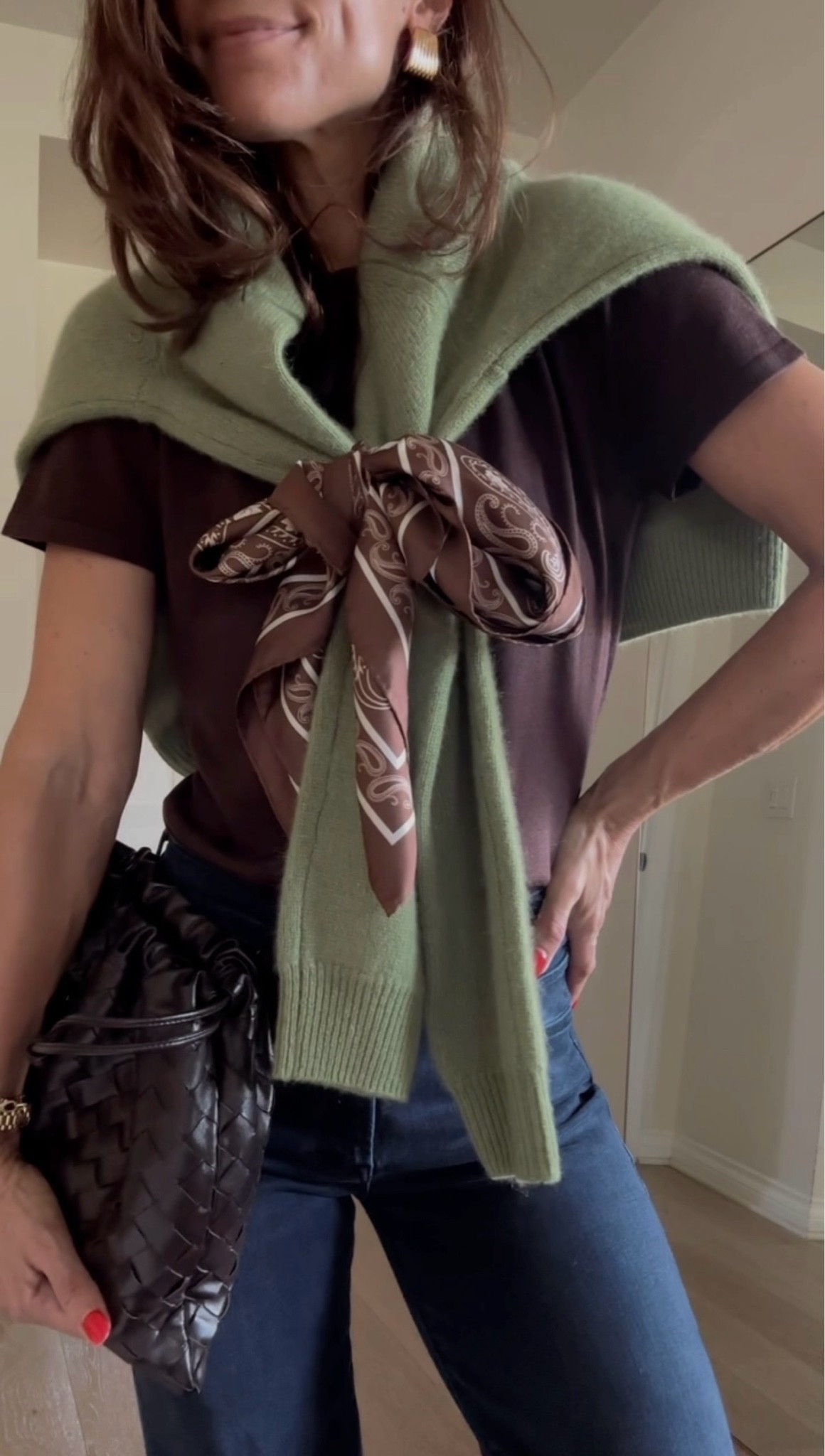 Chocolate brown + peridot is such a luxurious color combination. Layering a few fall pieces from @tuckernuck—the softest cashmere silk tee, cashmere sweater + a printed silk scarf for a little pattern and interest. Easy, elevated, and proof that the smallest styling details can completely change a look. #tuckernuckpartner

#LTKOver40