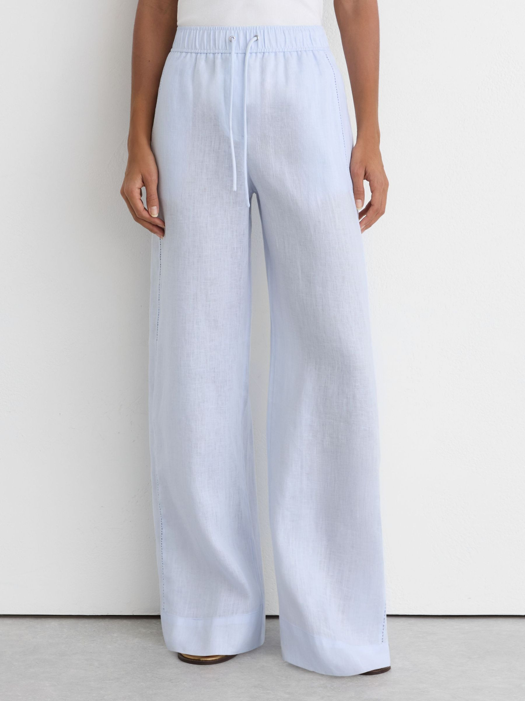 Reiss Linen Ladder-Embroidery Wide-Leg Trousers in Silver Blue - REISS | Reiss UK
