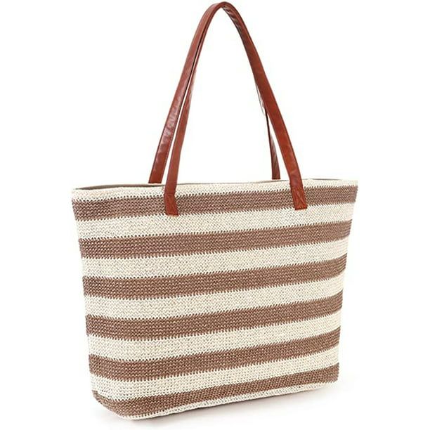 Extra Large Sandproof Straw Beach Bag with Zipper , Stripe Big Bags Tote with Inner Pockets , Tra... | Walmart (US)